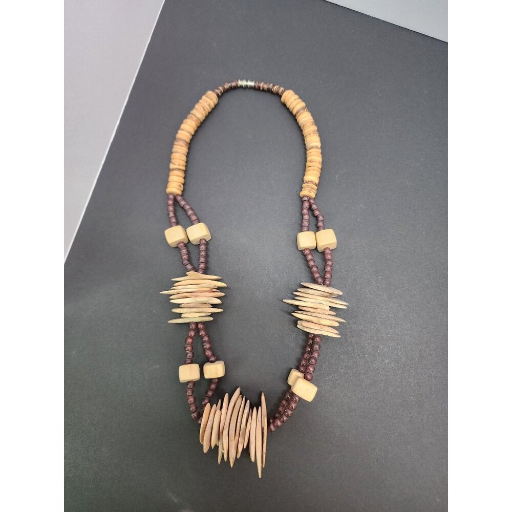 Vintage Unique Tribal Wood & Coconut Disc Beads Necklace Hand Carved - Picture 5 of 7